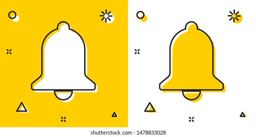 Black Ringing bell icon isolated on yellow and white background. Alarm symbol, service bell, handbell sign, notification symbol. Random dynamic shapes. Vector Illustration