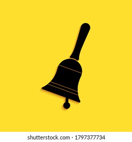 Black Ringing bell icon isolated on yellow background. Alarm service bell or handbell sign, notification symbol. Long shadow style. Vector.