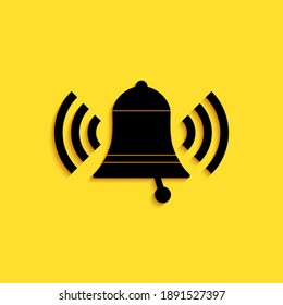 Black Ringing bell icon isolated on yellow background. Alarm symbol, service bell, handbell sign, notification symbol. Long shadow style. Vector.