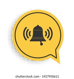 Black Ringing bell icon isolated on white background. Alarm symbol, service bell, handbell sign, notification symbol. Yellow speech bubble symbol. Vector