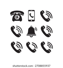 Conjunto de iconos de teléfono de timbre negro. Signo de llamada telefónica. Símbolo de timbre de teléfono inteligente sobre fondo transparente. Ilustración vectorial
