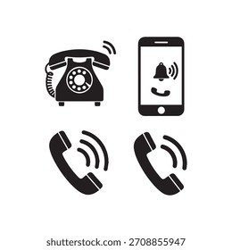 Conjunto de iconos de teléfono de timbre negro. Signo de llamada telefónica. Símbolo de timbre de teléfono inteligente sobre fondo transparente. Ilustración vectorial