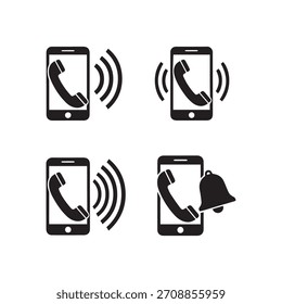 Black Ringing phone icon set. Telephone call sign. Smartphone ringing symbol on Transparent background. Vector illustration