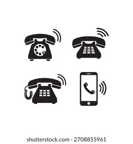Conjunto de iconos de teléfono de timbre negro. Signo de llamada telefónica. Símbolo de timbre de teléfono inteligente sobre fondo transparente. Ilustración vectorial