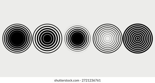 Conjunto de ondas de sonido de anillos negros. Elemento Circle. Radar y señal de radio. Onda de abstracción de sonido de Vector. Ondulación circular.

