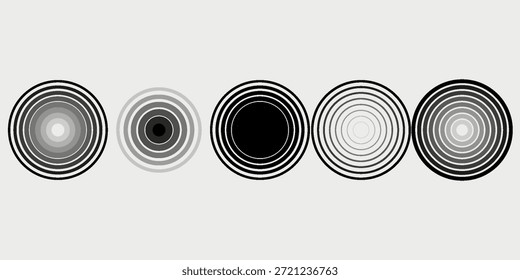Conjunto de ondas de sonido de anillos negros. Elemento Circle. Radar y señal de radio. Onda de abstracción de sonido de Vector. Ondulación circular.

