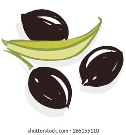 Black ripe olives with olive leaf. Hand drawn with brush & ink, vector illustration, fully adjustable & scalable.