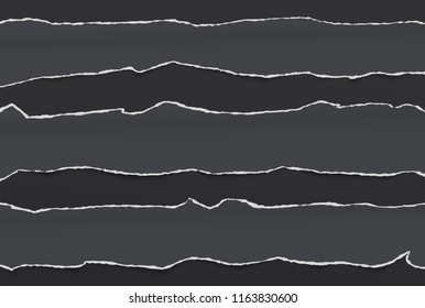 Black ripped blank horizontal note paper strips for text or message stuck on dark background