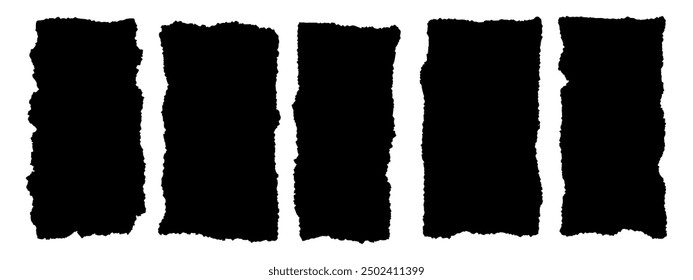 Black ripped and cutout paper torn strip vector illustration isolated on white. Ripped edge texture strips collection. Collage shape of black paper silhouette. Shreds of pages. Grunge fragment