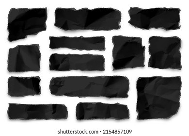 Black ripped paper strips on white background. Realistic crumpled paper scraps with torn edges. Shreds of notebook pages. Vector illustration