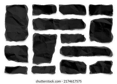 Black ripped paper strips on white background. Realistic crumpled paper scraps with torn edges. Shreds of notebook pages. Vector illustration