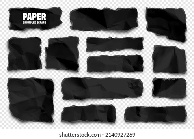 Black ripped paper strips. Realistic crumpled paper scraps with torn edges. Shreds of notebook pages. Vector illustration