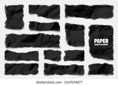 Black ripped paper strips. Realistic crumpled paper scraps with torn edges. Shreds of notebook pages. Vector illustration