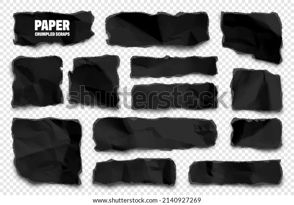 Black ripped paper strips. Realistic\
crumpled paper scraps with torn edges. Shreds of notebook pages.\
Vector illustration