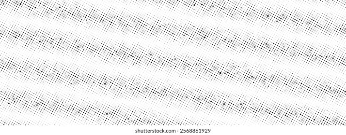 Black rippled grit halftone texture. Grunge diagonal noise stripe pattern. Vanishing sandy grain gradation wallpaper. Dotted lined gradient background. Gritty pixel comic overlay backdrop. Vector