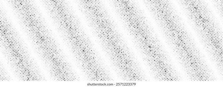 Black rippled grit halftone texture. Grunge diagonal noise stripe pattern. Vanishing sandy grain gradation wallpaper. Dotted lined fade gradient background. Vector gritty pixel comic overlay backdrop