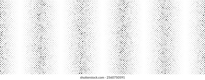 Black rippled halftone background. Grunge striped noise texture. Vanishing sand grain gradation wallpaper. Vertical dotted lined gradient pattern. Gritty pixelated comic overlay backdrop. Vector 