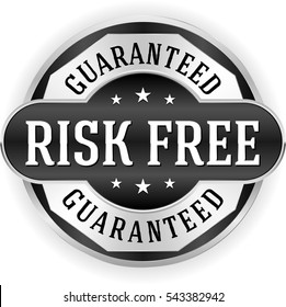 Black risk free badge /button with silver border on white background