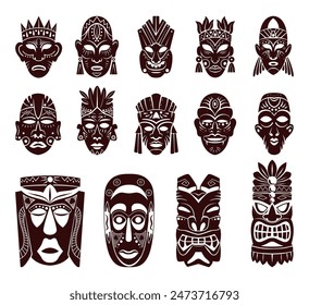 Schwarze rituelle Maske. Stammesmasken Tiki Idol Köpfe Gesicht Ornament Tattoo Muster, alte Maya afrikanischen Ureinwohner Silhouette Logo ethnische Totem, geniale Vektorillustration der ethnischen Kultur