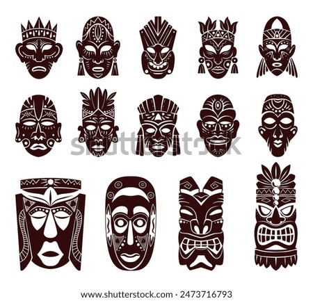 Black ritual mask. Tribal masks tiki idol heads face ornament tattoo pattern, ancient mayan african indigenous aborigine silhouette logo ethnic totem, ingenious vector illustration of culture ethnic