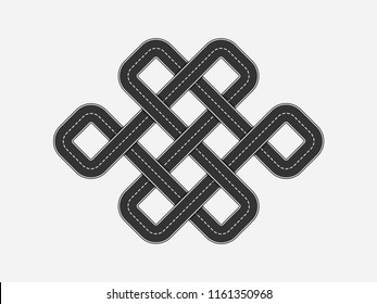 Black Road in the form of a figure endless knot - Shrivatsa. Karma abstract concept road map view quadcopter. Vector illustration highway texture 