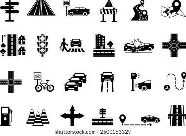 Black Road Icon Set. Vector Icons City, Sign, Street, Parking, Route, Traffic Light, Pedestrian Crossing, Car Accident, Speed ​​Camera, Barrier, Crossroad and More