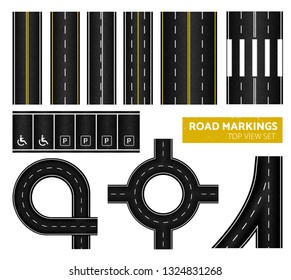 Black road markings top view icon set with different marking white and yellow vector illustration