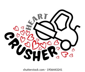 Black road roller crushing heart isolated on white background. Funny Valentine concept.vector illustration.