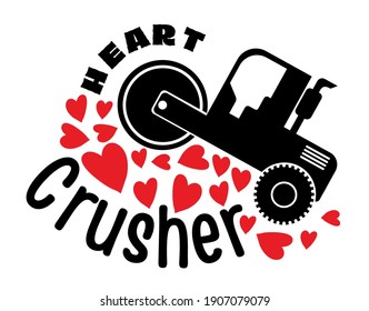 Black road roller crushing hearts isolated on white background. Funny Valentine concept.vector illustration.