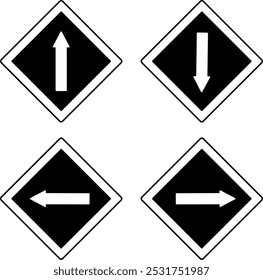 Black Road Signs with Directional Arrows. Vector Icons. Forward, Backward, Left, and Right