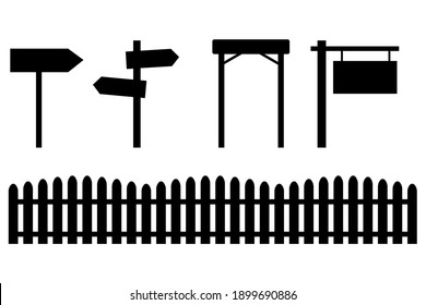 Black road signs and fences in retro style. Retro banner. Stock image. EPS 10.