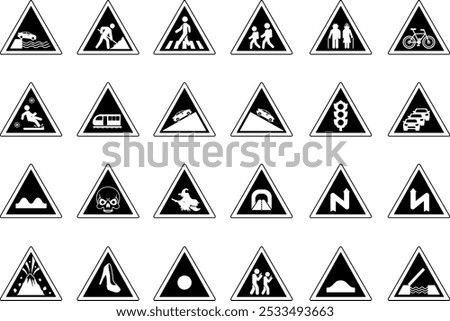 Black Road Signs. Vector Icons. Humorous Stickers. Embankment Exit, Road Works, Pedestrian Crossing, School Crossing. Parking, Traffic Jam, Traffic Light, Train, Zombie, Witch Road, and More