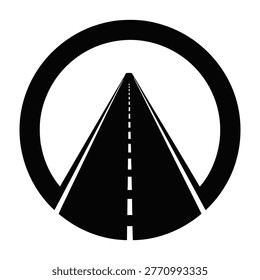 A black road symbol with white background, representing journey and travel. A simple illustration of a road leading to the horizon.
