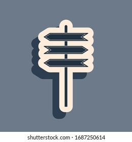 Black Road traffic sign. Signpost icon on grey background. Pointer symbol. Blank board with place for text. Isolated street information sign. Direction sign. Long shadow style. Vector Illustration