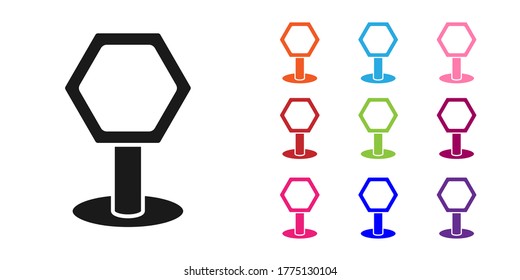 Black Road traffic sign. Signpost icon isolated on white background. Pointer symbol. Isolated street information sign. Direction sign. Set icons colorful. Vector Illustration
