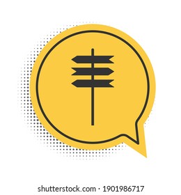 Black Road traffic sign. Signpost icon isolated on white background. Pointer symbol. Street information sign. Direction sign. Yellow speech bubble symbol. Vector.