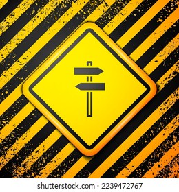 Black Road traffic sign. Signpost icon isolated on yellow background. Pointer symbol. Street information sign. Direction sign. Warning sign. Vector