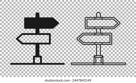 Black Road traffic sign. Signpost icon isolated on transparent background. Pointer symbol. Isolated street information sign. Direction sign.  Vector