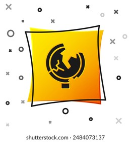 Black Road traffic sign. Signpost icon isolated on white background. Pointer symbol. Isolated street information sign. Direction sign. Yellow square button. Vector