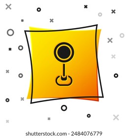Black Road traffic sign. Signpost icon isolated on white background. Pointer symbol. Isolated street information sign. Direction sign. Yellow square button. Vector
