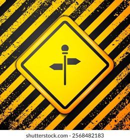 Black Road traffic sign. Signpost icon isolated on yellow background. Pointer symbol. Street information sign. Direction sign. Warning sign. Vector