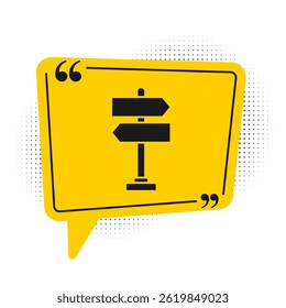 Black Road traffic sign. Signpost icon isolated on white background. Pointer symbol. Isolated street information sign. Direction sign. Yellow speech bubble symbol. Vector Illustration