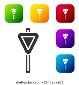 Black Road traffic sign. Signpost icon isolated on white background. Pointer symbol. Street information sign. Direction sign. Set icons in color square buttons. Vector