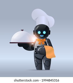 robot chef negro en sombrero sosteniendo sirviendo ropa moderna robótica cocina en la cocina inteligencia artificial