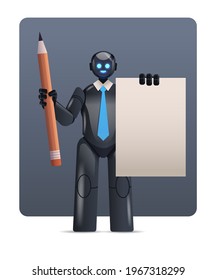 black robot cyborg holding notepad and pencil robotic character artificial intelligence technology concept