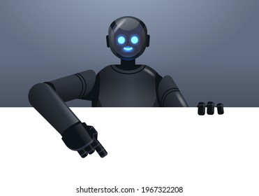 black robot cyborg pointing at empty blank white board modern robotic character artificial intelligence technology