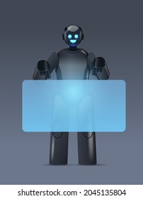 black robot cyborg pointing at virtual board modern robotic character artificial intelligence technology concept