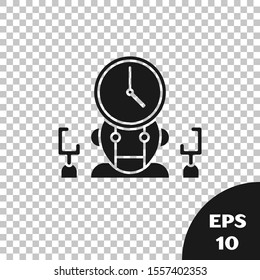 Black Robot and digital time manager icon isolated on transparent background. Time management assistance, workflow optimization help.  Vector Illustration