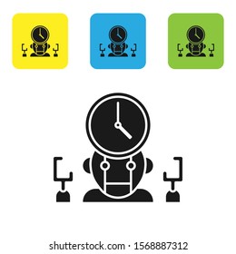 Black Robot and digital time manager icon isolated on white background. Time management assistance, workflow optimization help. Set icons colorful square buttons. Vector Illustration