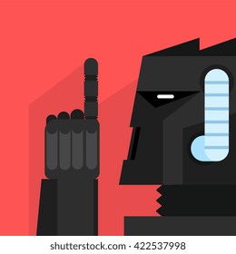 Black Robot With Finger Up Portrait Icon In Weird Graphic Flat Vector Style On Bright Color Background